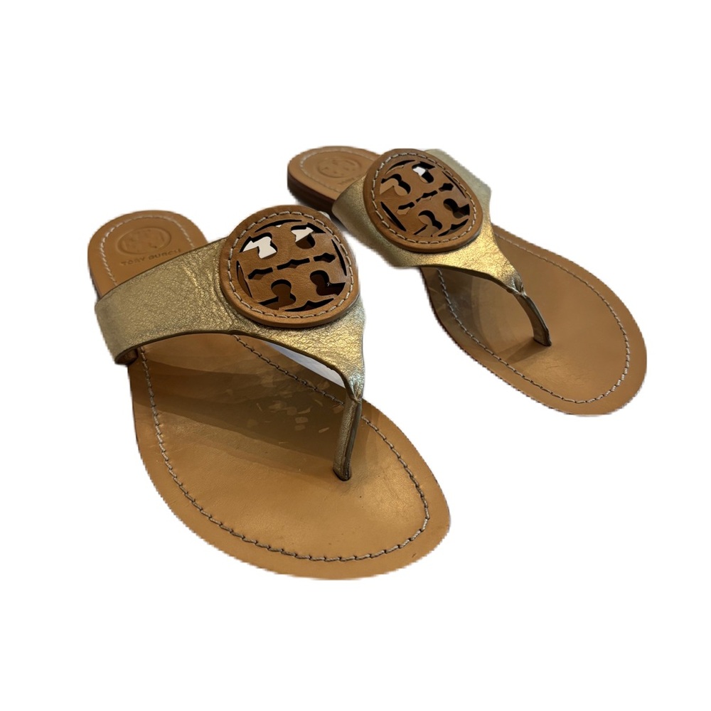 Tory Burch Gold Metallic Leather Louisa Flat Thong Sandals Size 8